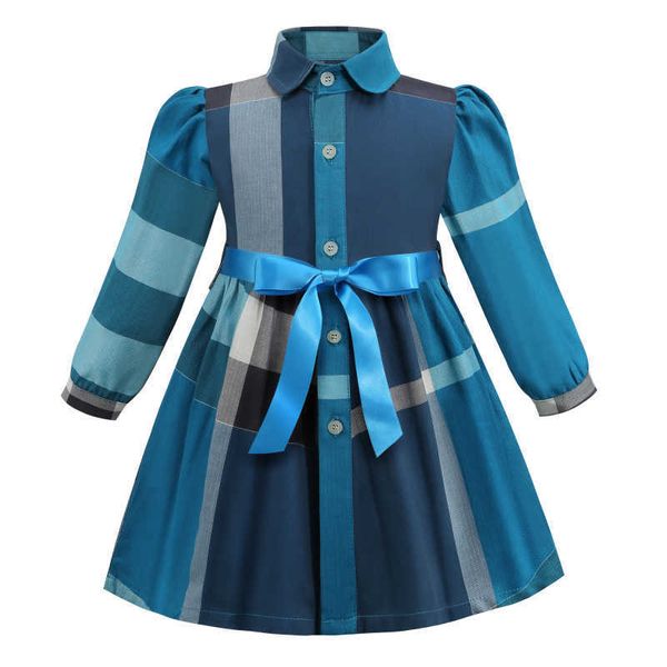 2021 Primavera Ragazza Moda Plaid Cotone Manica lunga Principessa Abiti da festa Abbigliamento per bambini 2-6 anni Stile europeo Abito a trapezio Q0716