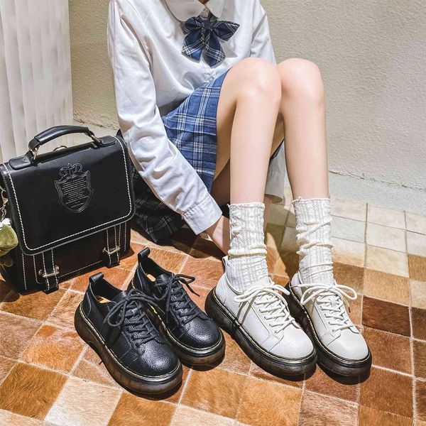 

small leather 2021 spring british style muffin thick soled sho round head leisure sen women's short boots, Black