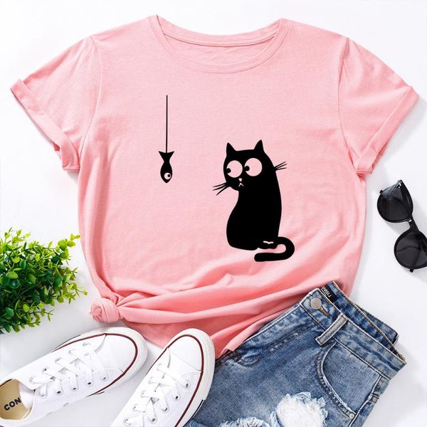 

women's t-shirt women 100% cotton cute cat like fish printing t shirt plus size 5xl short o-neck sleeve female loose tshirt harajuku to, White