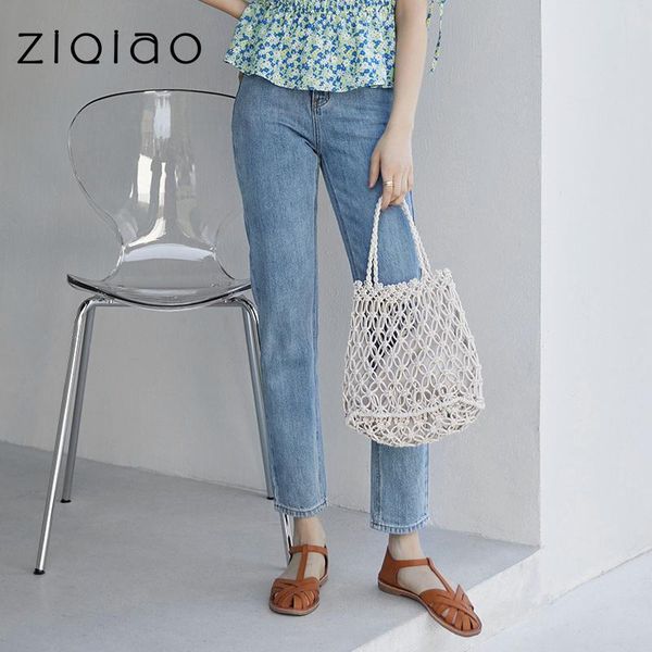 

women's jeans ziqiao petite size 2021 summer 100% cotton thin section cropped trousers straight-leg high waist womens, Blue