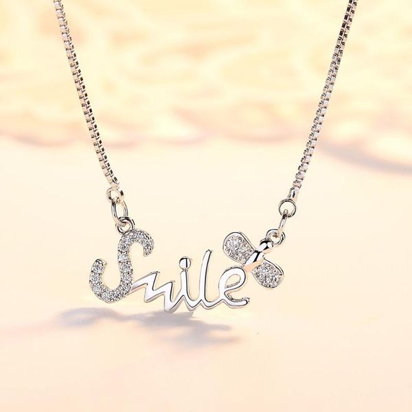 

pendant necklaces sweet smile letter for women zircon bowknot choker necklace birthday party gift fashion jewelry colier femme, Silver