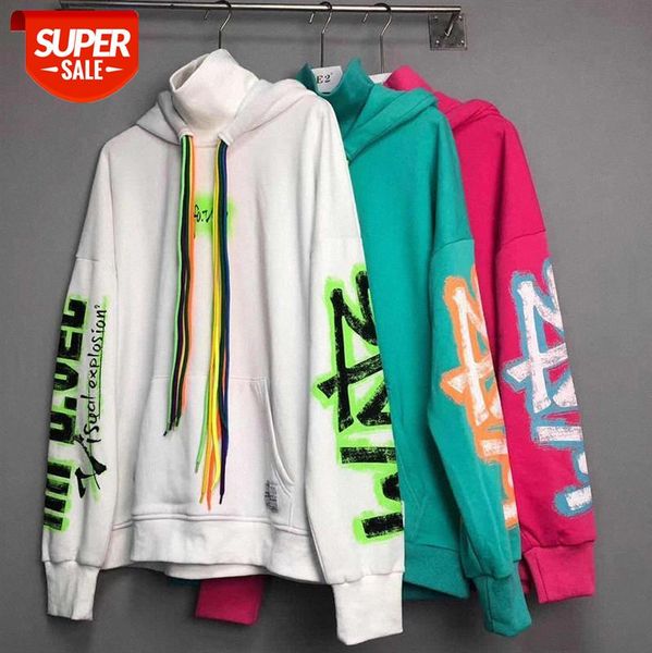 

american street color print sweater high oversize letter neck hooded men #na3z, Black