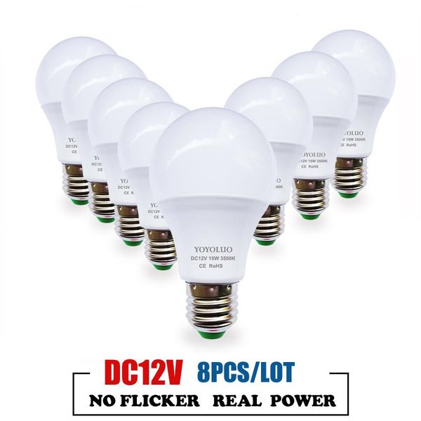 

bulbs 8pcs/lot led 12v dc 15w 12w 9w 6w 3w e27 cold/warm white lamp home camping hunting emergency outdoor light lamparas