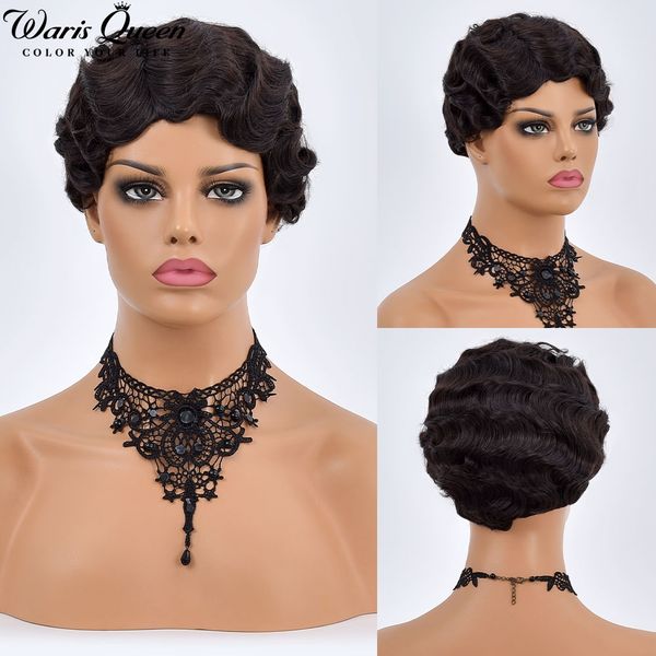 

brown short bob finger wave wig vintage synthetic wigs for black women 6inch retro curly cosplay halloween party hair peruca