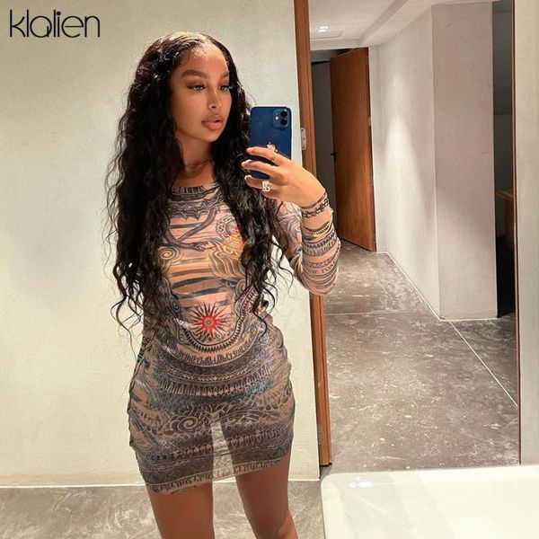 

casual dresses klalien fashion see through mesh print long sleeve o neck bodycon autumn streetwear wild basic female dress, Black;gray