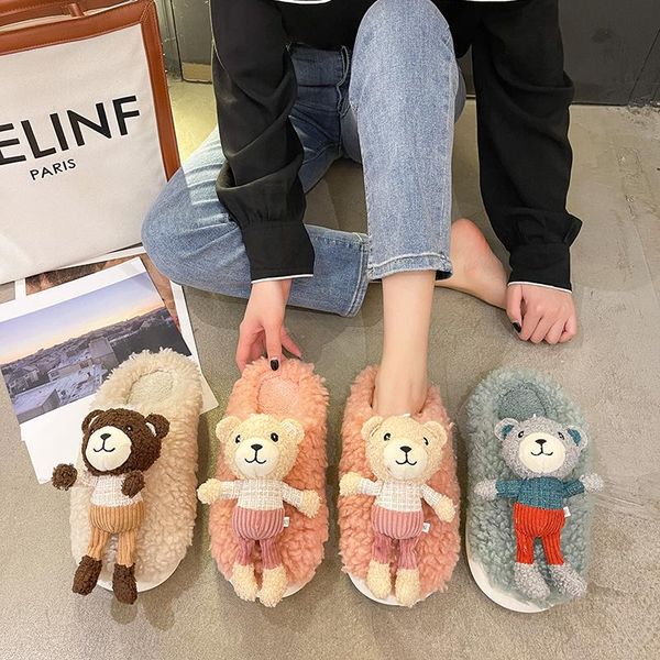 

slippers 2021 winter thick platform women home fashion plush warm shoes plus size 36-43 indoor cute big bear female slides, Black