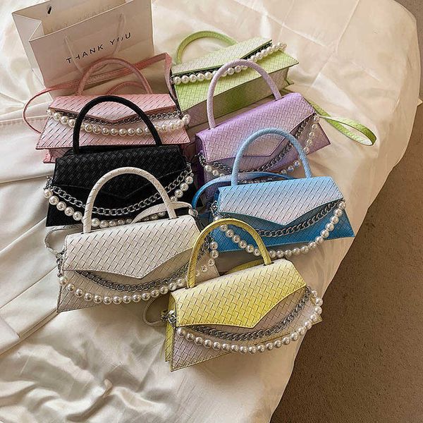

luxury wome handbag woven pattern leather clutches square women flap shoulder bag pearl chain ladys crossbody bags c0601