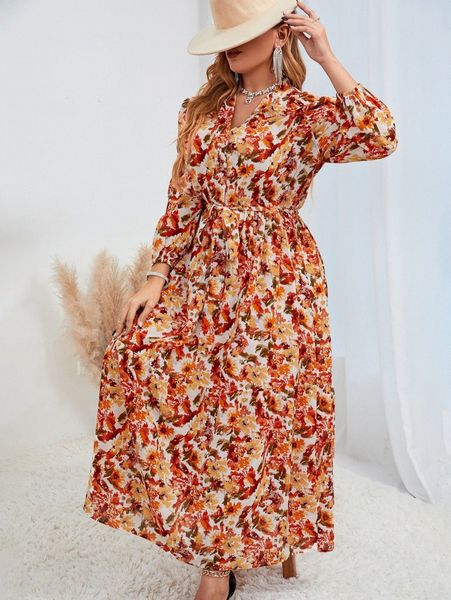 

plus floral print puff sleeve belted dress c1jw#, Black