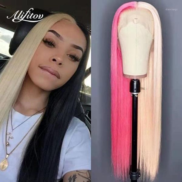

half black blonde lace front wigs straight human hair with natural hairline pre-plucked1, Black;brown