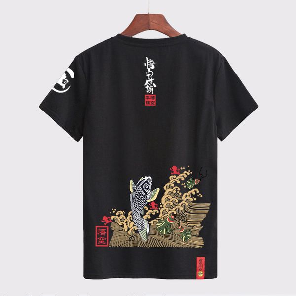 Estilo japonês Verão Homens Marca Roupas Moda Carpa Peixes Impressão T-shirt 100% Algodão de Manga Curta Fitness Camiseta