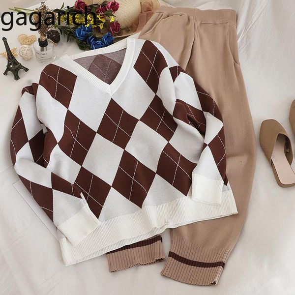 

two piece dress gagarich women set fashion autumn winter 2021 korean lingge loose sweater high waist knitting pants trend suit, White