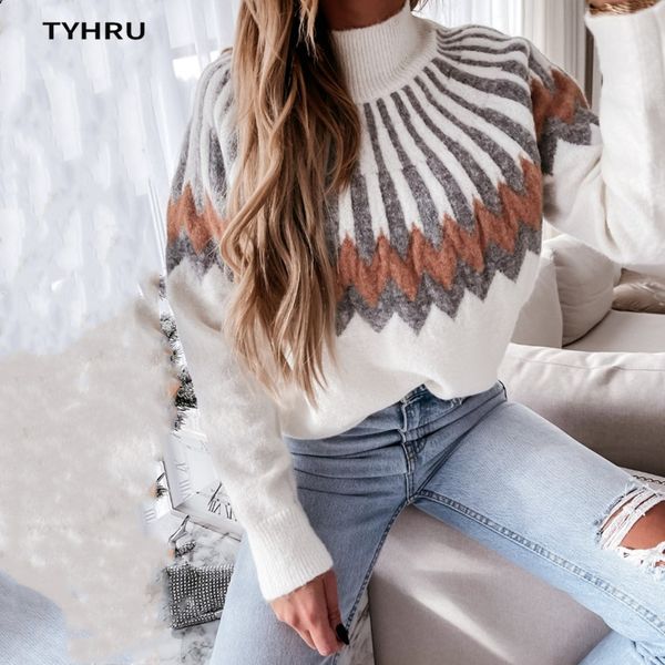 

tyhru womens autumn winter casual sweater high-neck knitting long sleeve contrast color loose pullover soft warm sweater, White;black