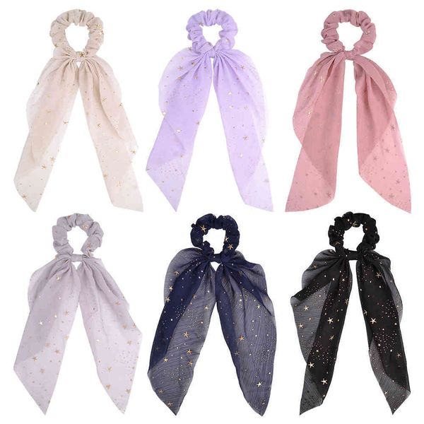 

6 solid colors chiffon lady scarf scrunchies elastic band string for women ribbons gift hair accessories, Golden;white