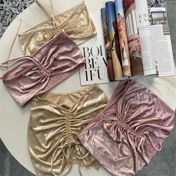 

women rhinestone solid swimsui drill plicated velour swimsuit two piece set bikini swim polyester