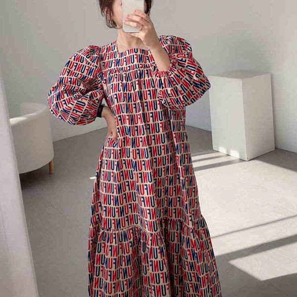 

casual dresses [ewq] korea chic autumn fashion trend women o neck letter print loose ruffled lantern sleeve dress 16e2211 jjpj, Black;gray