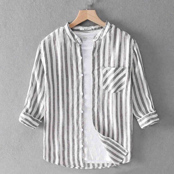 

Men's T-Shirts Style 100% Linen Casual Striped Three-quarter Sleeve Comfortable Shirts for Men Stand Collar Retro Shirt Mens XHHO, White;black