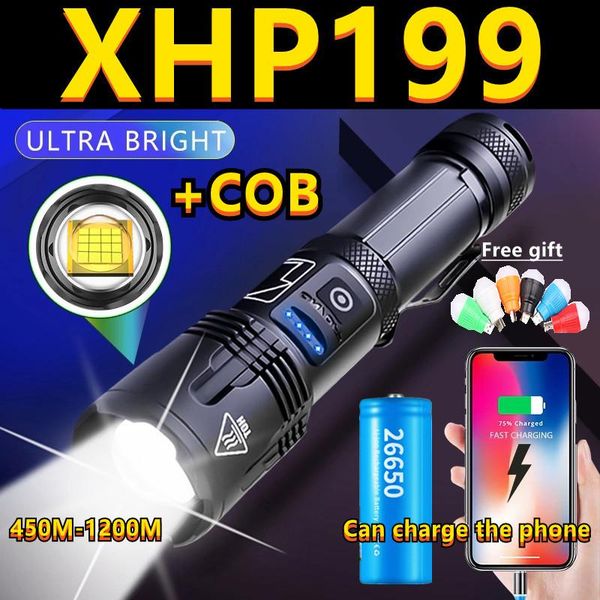 

flashlights torches ultra bright xhp199 16 core cob led usb rechargeable zoom 5modes tactial torch 18650/26650 battery