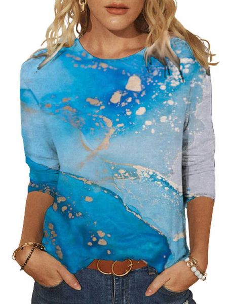 Blue Space Ocean 3D Print Harajuku Футболка повседневная O-Ceen Длинный рукав Женщины Весна Верхняя Мода Плюс-Размер Улица Леди Tees 5XL X0628