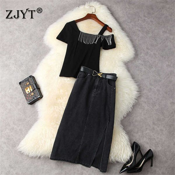 

summer 2 piece clothing set women fashion designer one shoulder beading tassel and split denim skirt suit casual outfits 210601, White