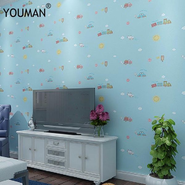 

wallpapers youman modern waterproof tv background kids room living bedroom blue car cartoon pattern boy girl wallpaper roll