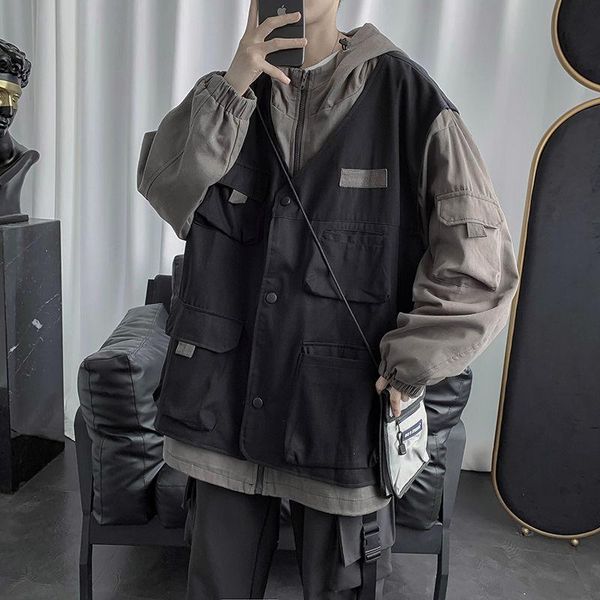 

men's jacket 2021 autumn slim solid color work clothes fake two hoodie jackets loose casual personality youth wear, Black;brown