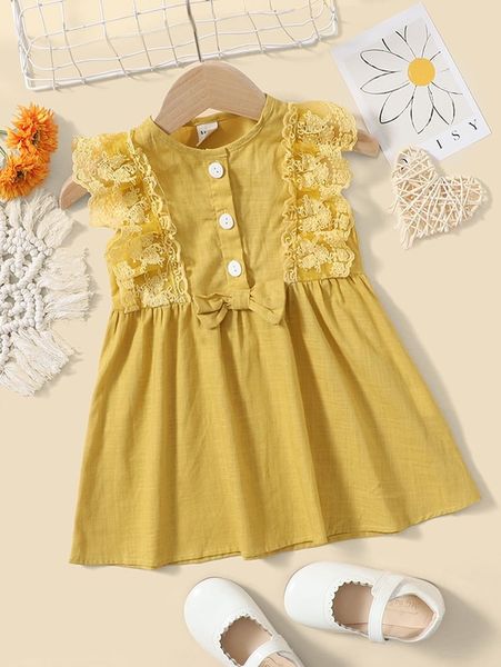 

baby floral embroidery mesh ruffle trim bow front dress she, Red;yellow
