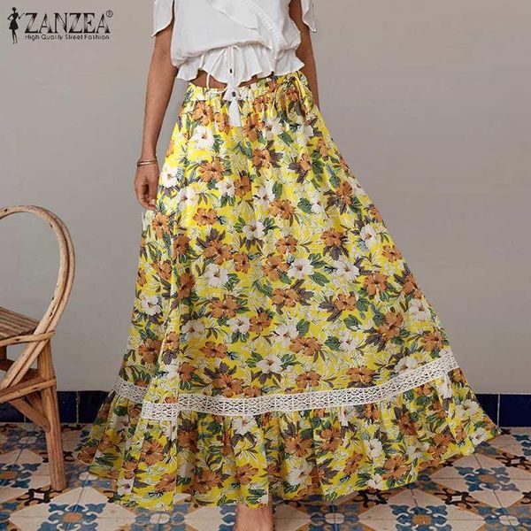 

women lace up spliced beach summer hollow casual long maxi skirt faldas sundress zanzea elastic waist robe vestidos plus size skirts, Black