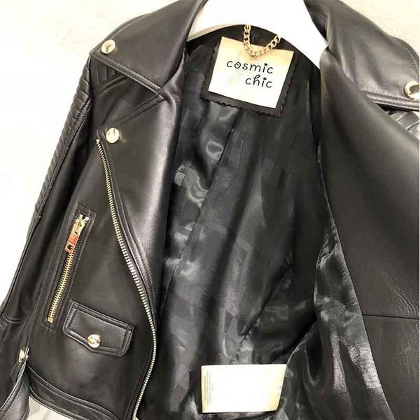 

women's jackets 2021 autumn winter zipper motorcycle genuine leather jacket women slim casual ruffle sleeve outwear biker short coat, Black;brown
