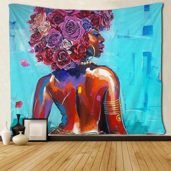

tapestries african american women rose hair oil painting hippie art black wall hanging