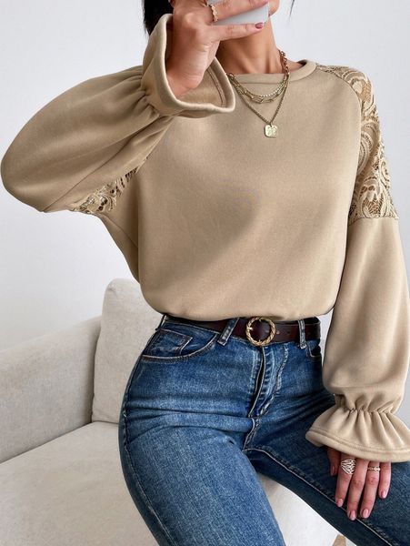 

guipure lace insert flounce sleeve sweatshirt y2tq#, White;black