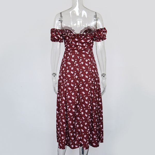 

2021newasia pink floral midi dress women off shoulder ruffles long dresses summer strapless side split print dress beach dress, Black;gray