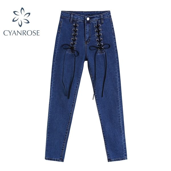 Alto Cintura Cordilheira Lace Up Design Calças Denim Mulheres BlueBlack Vintage E-Girl Lápis Calças Calças Skinny Slim Sexy Ins Pant 210515