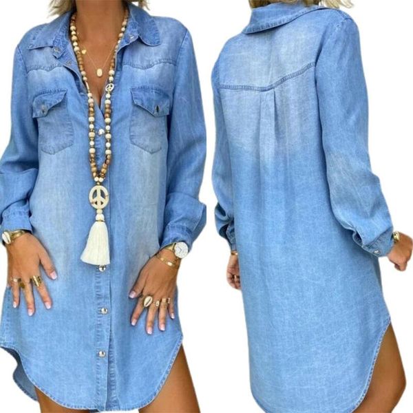 

casual dresses denimn loose womens long sleeve button up shirt dress ladies plain denim light blue high street, Black;gray