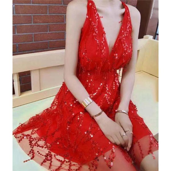 

casual dresses women sequin party dress backless bandage summer bodycon sleeveless night club mini deep v neck, Black;gray