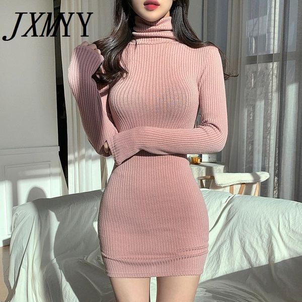 

casual dresses jxmyy 2021 autumn and winter fashion show, high-neck comfortable line knitted dress women's clothing, Black;gray