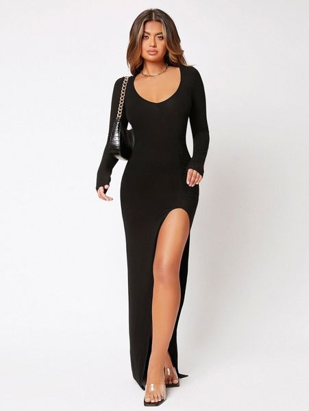 

solid split thigh scoop neck dress c63y#, Black;gray