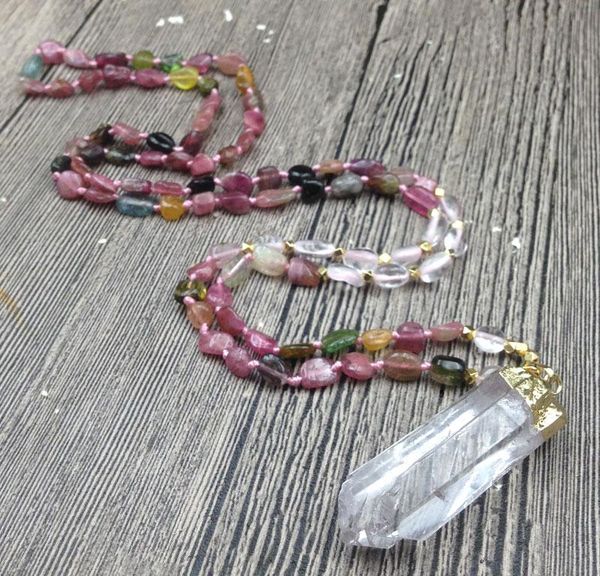 

pendant necklaces ya3028 rough quartz natural tourmaline nuggets beads knot necklace, Silver