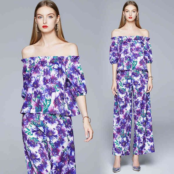 Abito da donna con stampa floreale viola alla moda Camicette in chiffon floreale con spalle scoperte + pantaloni larghi in vita con elastico in vita 210416