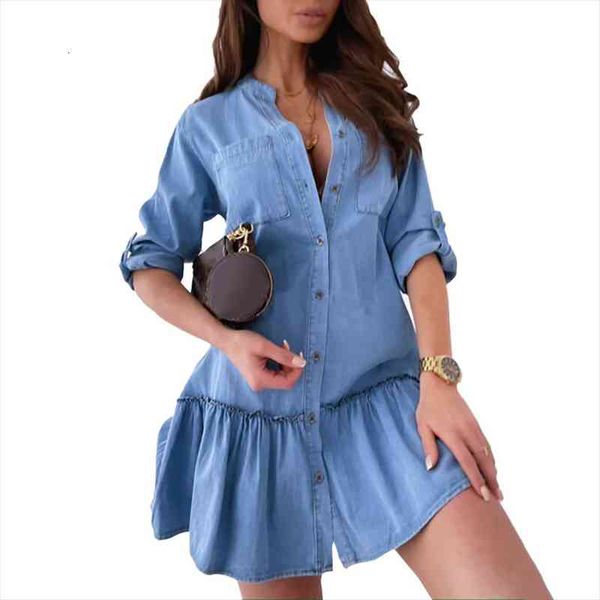 

button down casual tunic women dresses above knee blouse denim shirt half sleeve distressed jean, Black;gray