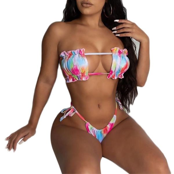 

one-piece suits women 2pcs tie-dye leopard print bikini set strapless hollow out swimsuit a69a