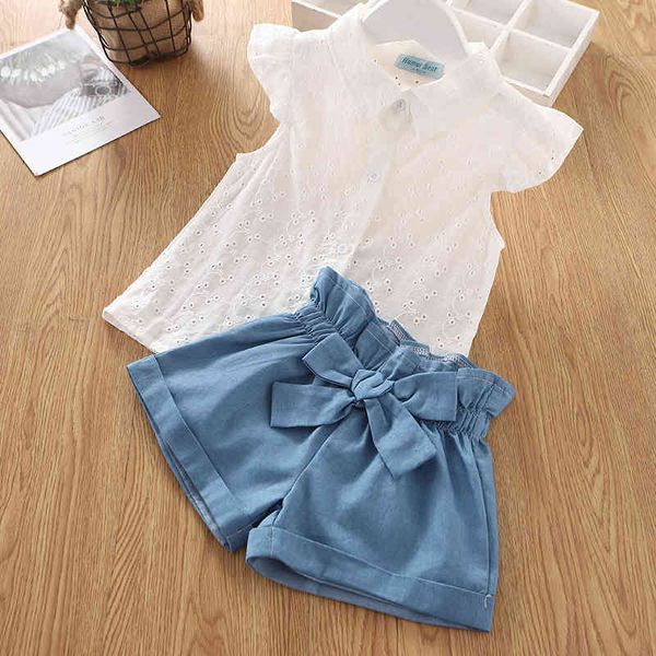 

girl's dresses summer girls set flying sleeve hollow lapel button t-shirt+bow shorts kids toddler baby clothes pxjc, Red;yellow