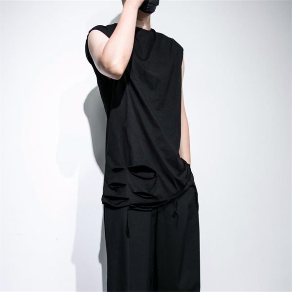 

men's t-shirts high street hair stylist style male summer hip-hop personality loose solid color holes large size sleeveless vest, White;black