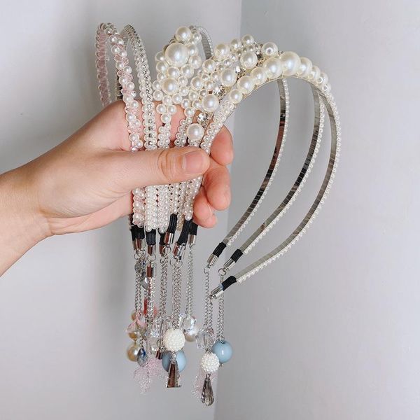 

hair accessories fashion pearl rhines earrings headbands sweet crystal beads tassel hairbands for women girls bands hoops, Slivery;white
