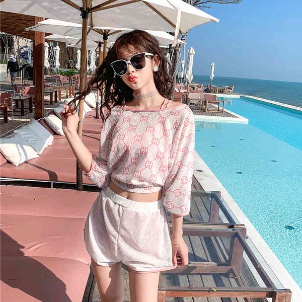 

women's 4-piece swimsuit with conservative style, covering belly, showing thin and split bikini spring swimsuit, White;black