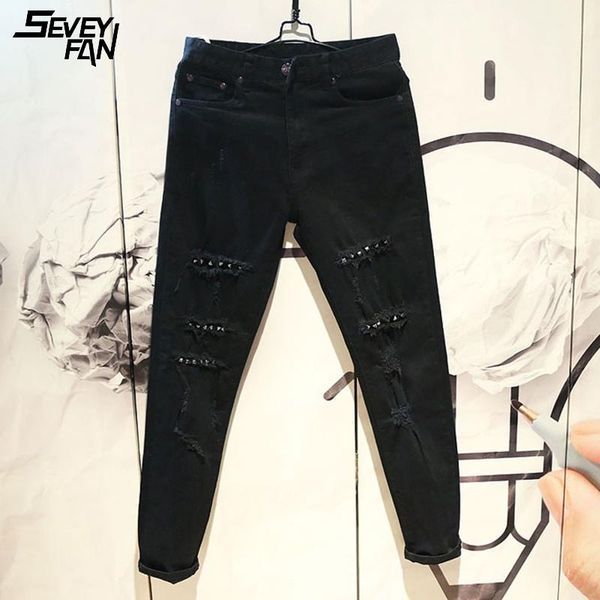 

men's jeans punk rivet ripped men destroy hole fashion slim black jean pants nightclub streetwear harajuku denim hi street male, Blue