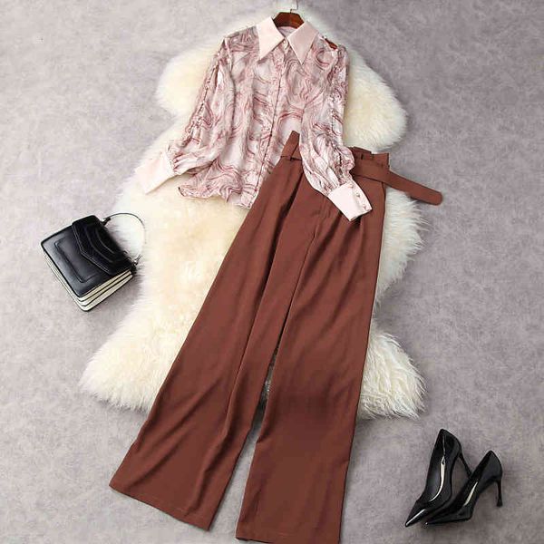 

women's two piece pants spring long sleeve pink single-breasted blouse + panelled high waist wide leg trousers suits 2 s set lm1711950, White