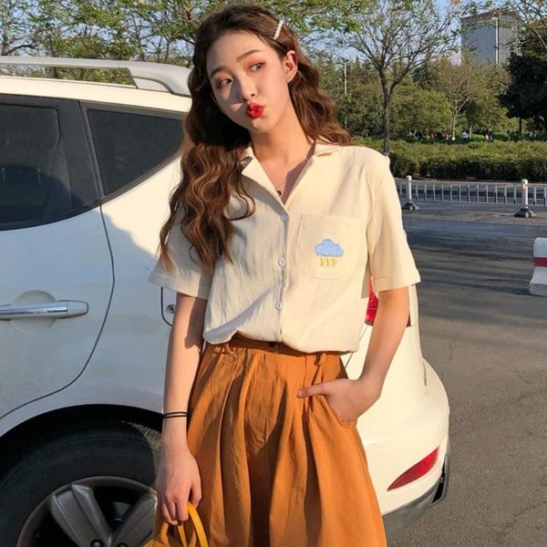 

women retro summer embroidery print cotton slim short sleeve lapel single buckle casual blouse women's blouses & shirts, White