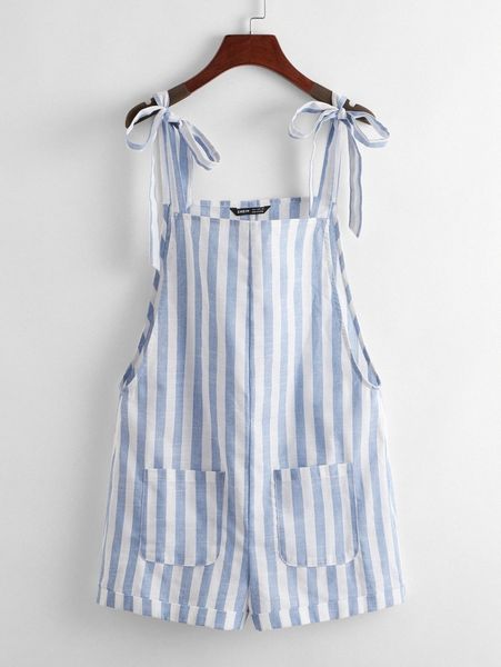 

tie shoulder pocket patched two tone striped cuffed romper u1jb#, White