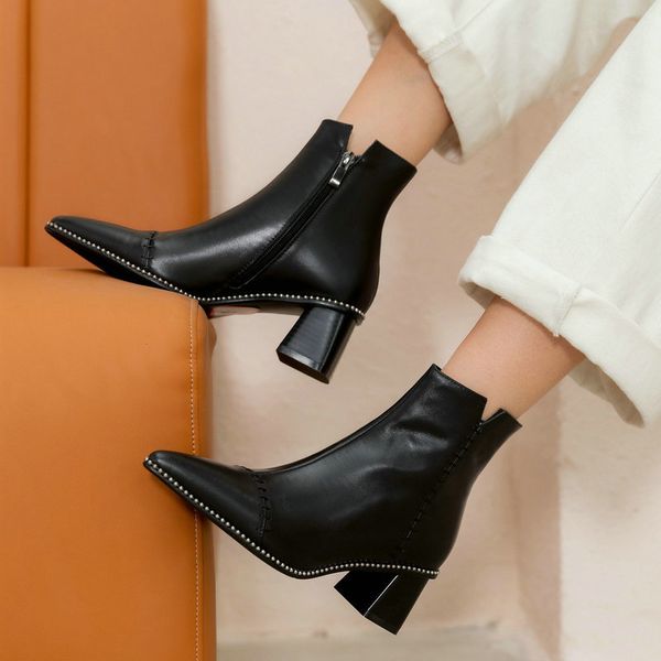

boots brand genuine leather pointed toe ankle fashion comfort square zipper black women winter shoes botines mujer 39 7fdu