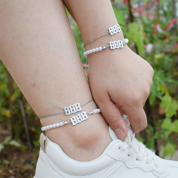 

charm bracelets 111 222 333 444 555 777 888 999 anklets angel number anklet for women imitation pearls chain beach jewelry feet, Golden;silver